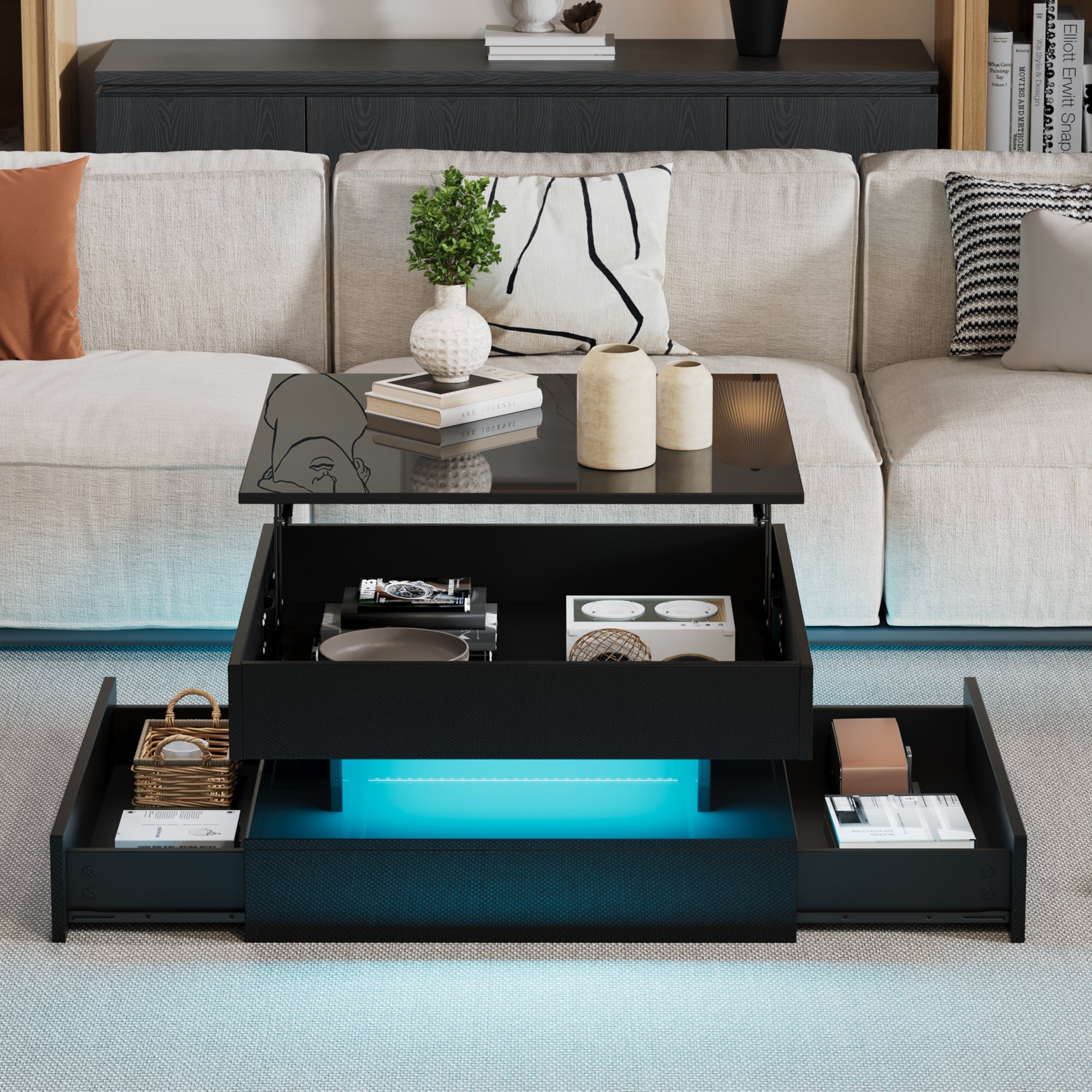 65 X 65 X 38.5 Cm Liftable Living Room Table,Side Table,High Gloss Coffee Table With LED Light Strip, Sofa Table With 2 Drawers, Coffee Table With Geometric Design And Hidden Storage,Black