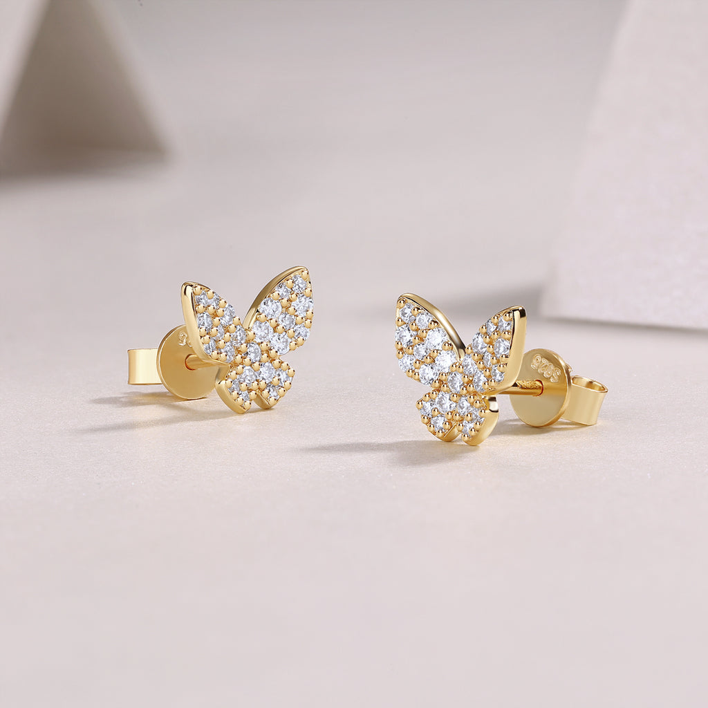 S925 Sterling Silver Gold Plated Butterfly Stud Earrings, D-VVS1 Moissanite Pave, 1.7g Women Jewelry Gift Box
