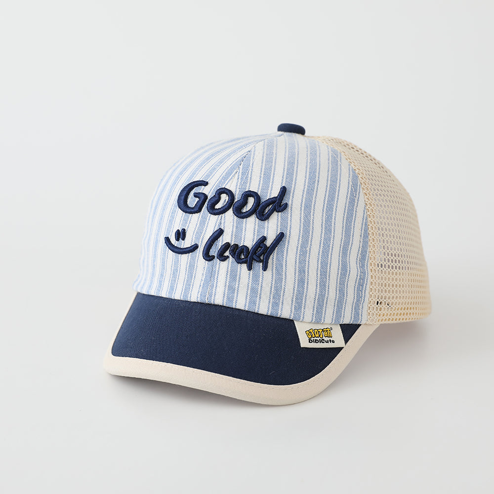 Summer Men's And Women's Striped Baseball Cap With Embroidered Letters Good Luck On The Body, Net-like Fabric, Fashionable And Casual Style