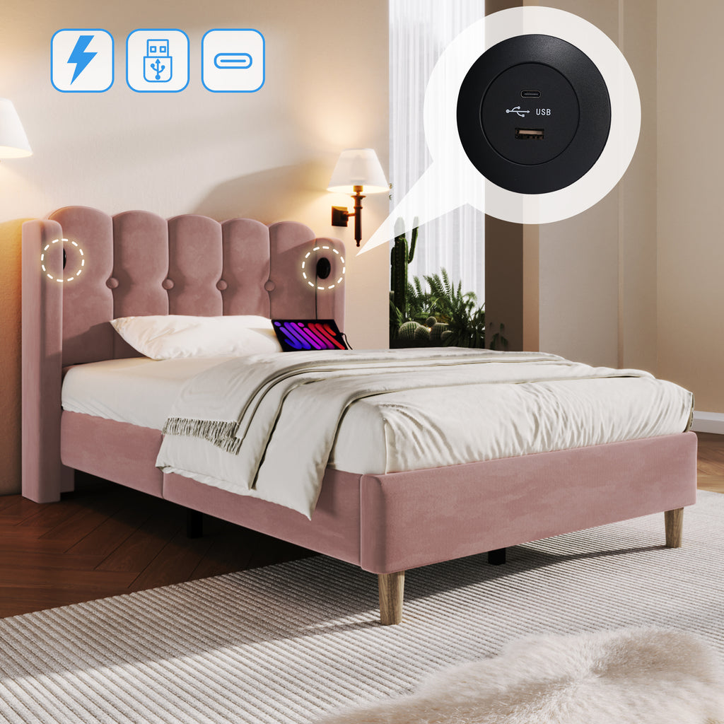 Sofa Bed With USB Type C Charging Function, Bed Frame With Baroque, Cushioned Bed In Pink, 90 X 200 Cm Bed Frame For Youth Bedroom Guest Room - Velvet