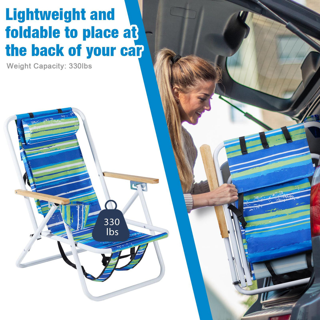 Portable Blue-and-green Striped Backpack Beach ChairFoldable And Adjustable Reclining Beach Lounger Suitable For Outdoor Beach And Camping Use.Self-pickup Only.