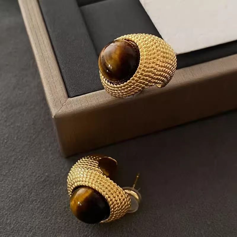 2026 New Hot-selling Tiger Eye Stone Stud Earrings, Maillard Style Light Luxury High-End European American Vintage Fashion Dangle Jewelry For Women