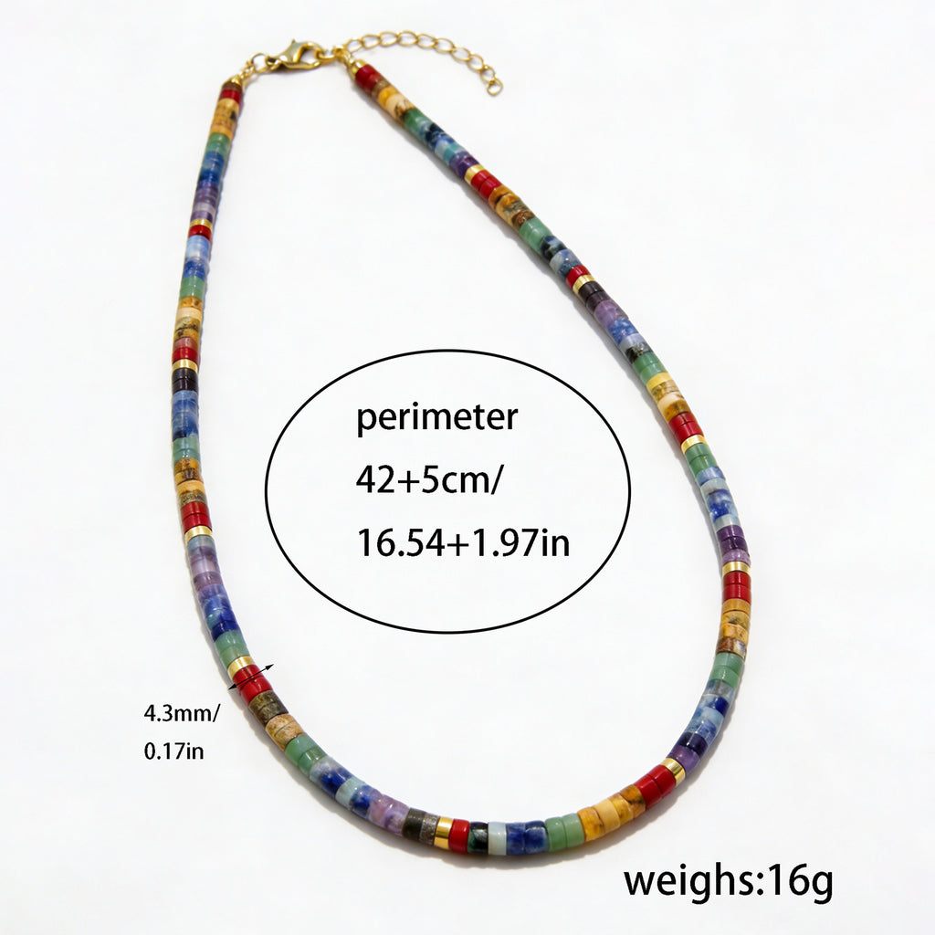 7 Chakra Heishi Bead Choker Necklace For Women, Colorful Natural Stone Tube Beads, Gold Extension Chain, Boho Jewelry Gift Daily Wear