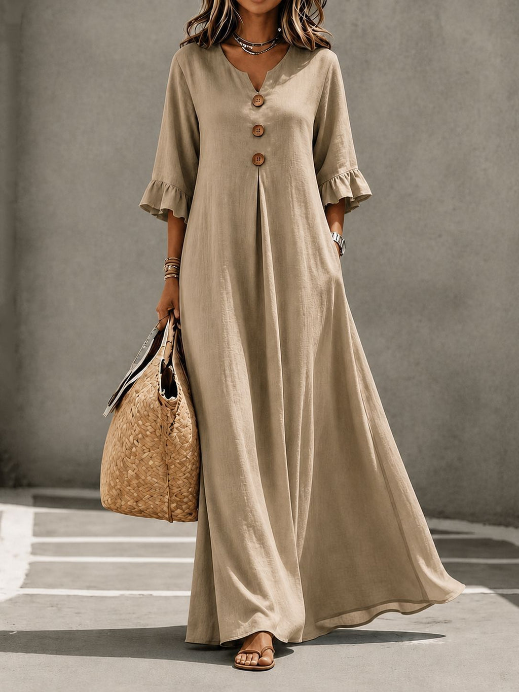 Solid-color Womens V-neck Chic And Elegant Dress