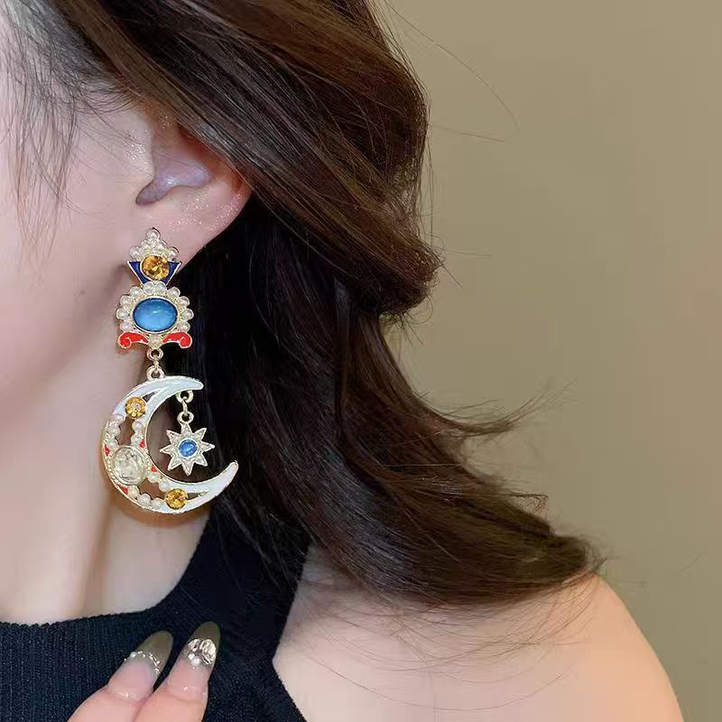Vintage Moon & Flower Stud Earrings, High-End Ethnic Enamel Pearl Tibetan Style Unique Women's Ear Jewelry
