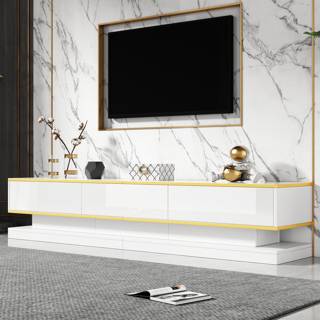 200x40x40cm TV Cabinet, Lowboard With 3 Drawers, High Gloss TV Stand, Living Room Cabinet With Large Storage Space, Warm White TV Table With Golden Edge, Floor Standing TV Cabinet
