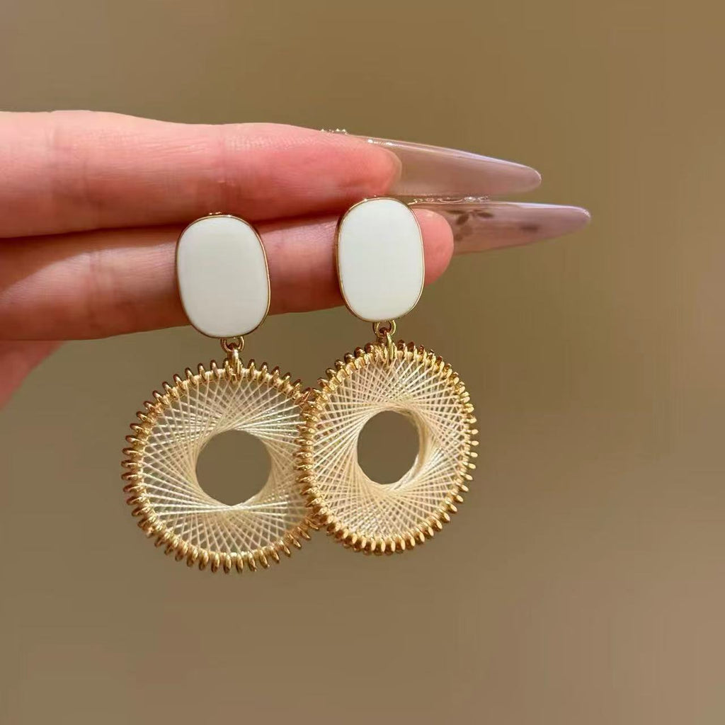 Light Luxury High-End French Retro Flat Round Resin Tassel Hoop Earrings, S925 Sterling Silver Needle Classic Versatile Casual Ladies Ear Ornaments