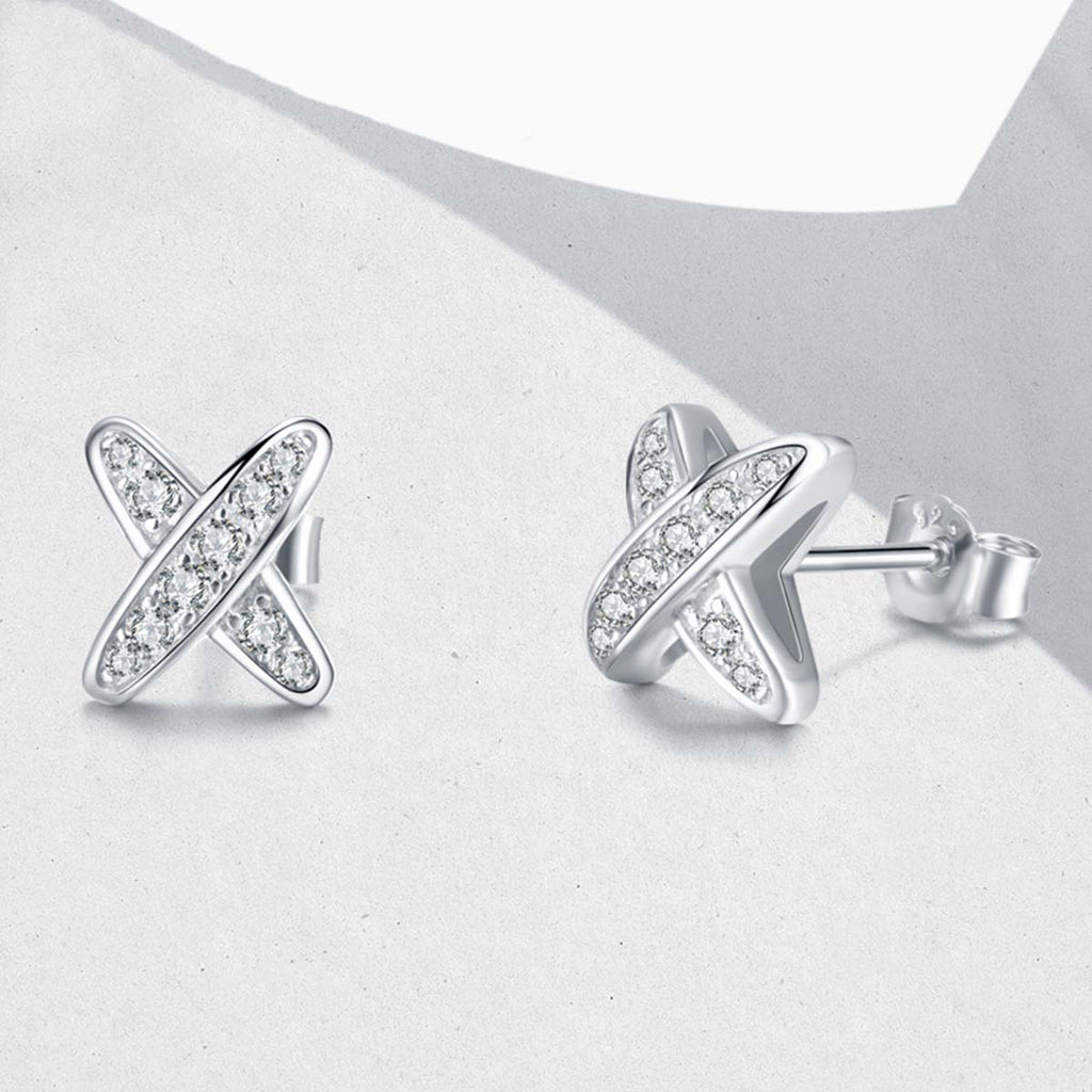 S925 Sterling Silver X-Shape Stud Earrings, D-VVS1 Moissanite Pave, Platinum Plated 1.5g Women's Jewelry Gift Box