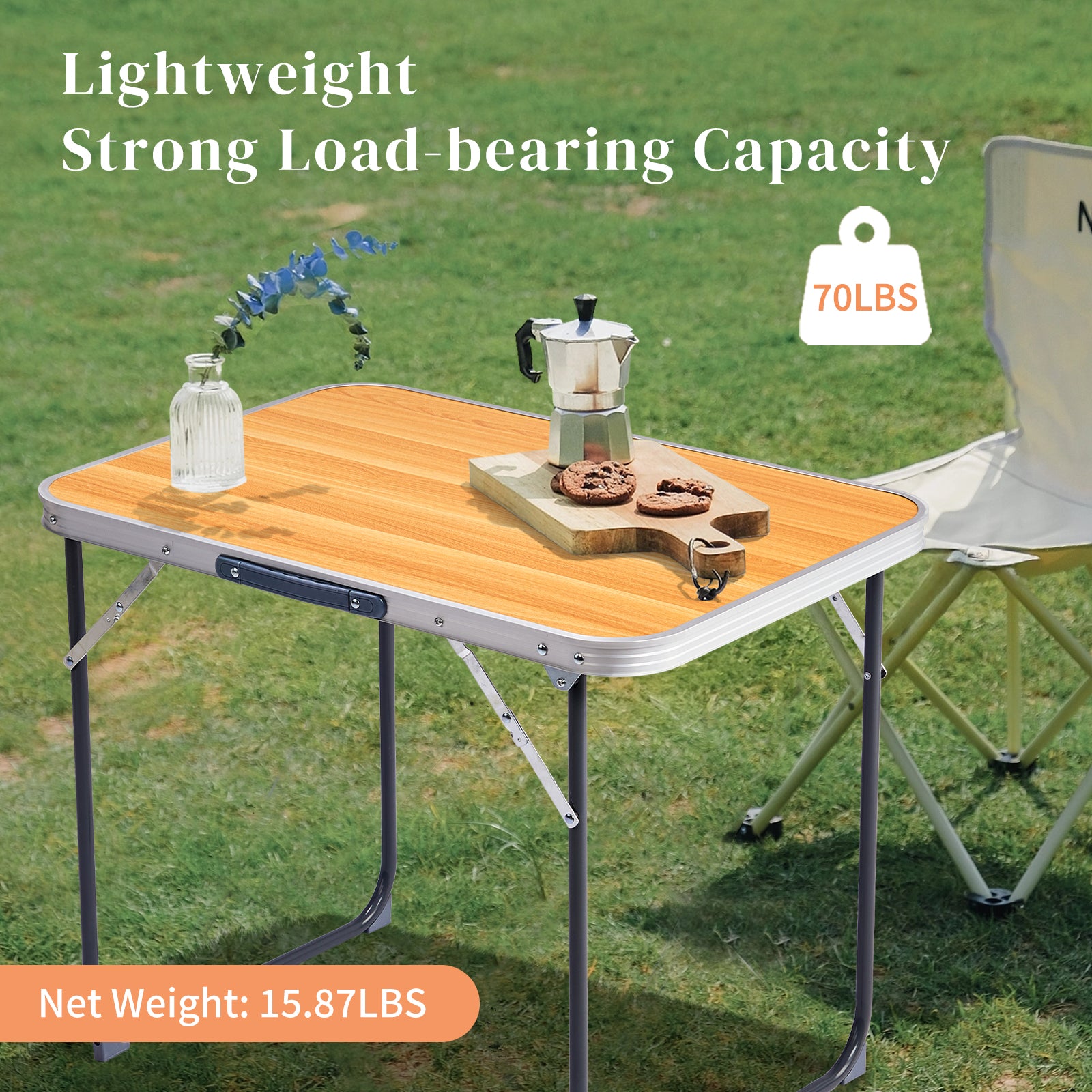 2.3ft Portable Aluminum Folding Table, Indoor & Outdoor Lightweight Picnic Camping Desk, Wood Grain Foldable Table With Carry Handle
