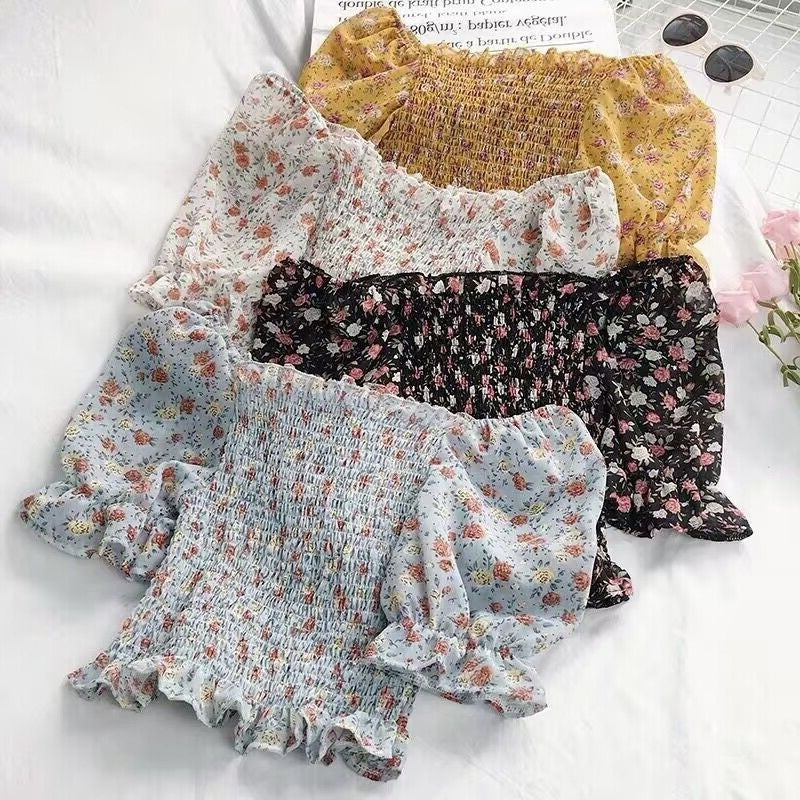 Square-neck Chiffon Floral Womens Summer Short-sleeve Top