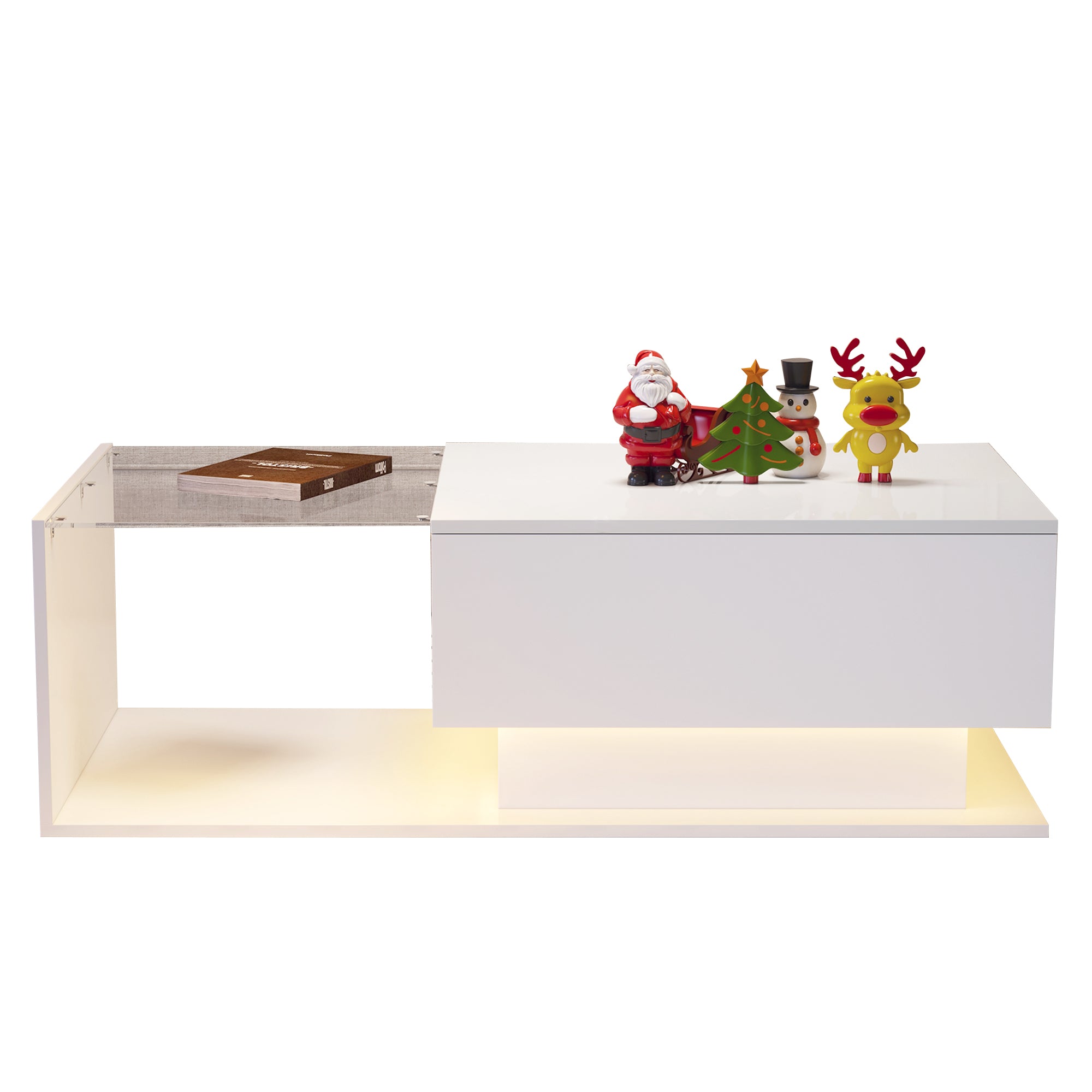High Gloss White Coffee Table 100x50x32 Cm - With Glass Top And Drawers, Scratch-resistant, With 1 Drawer, With LED Lighting, Modern Style