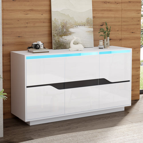 140X40X70cm Living Room Credenza,Sideboards With 3 Doors,Versatile Chest Of Drawers With Adjustable Dividers,Wide Handleless Lockers,High Gloss Sofa Side Cabinet With LED,White-Black