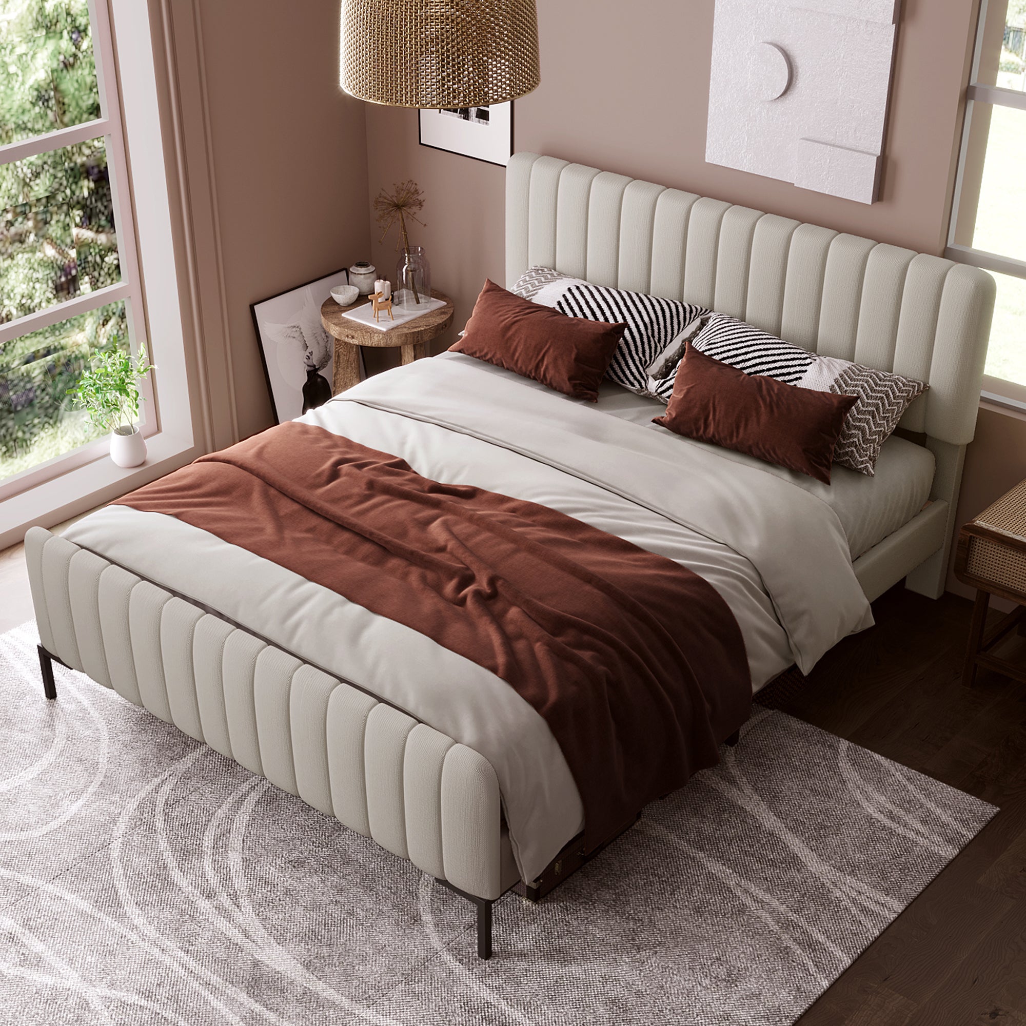 Upholstered Double Bed 160 X 200 Cm, Bed Frame With Lattice And Adjustable Head, Upholstered Bed In Grey Beige,Bed Frame Youth Bed For Bedroom Guest Room Linen Material