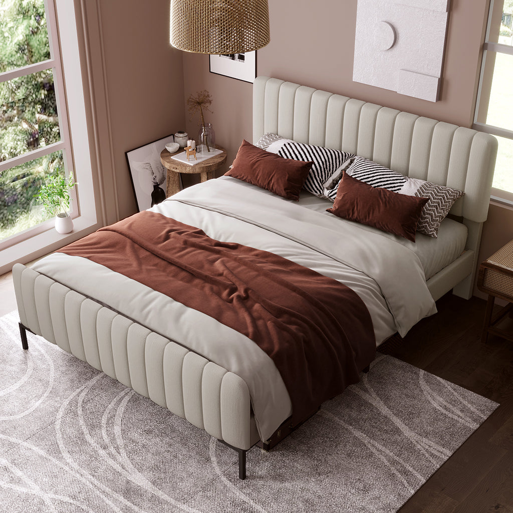 Upholstered Double Bed 140 X 200 Cm, Bed Frame With Lattice And Adjustable Head, Upholstered Bed In Grey Beige,Bed Frame Youth Bed For Bedroom Guest Room Linen Material