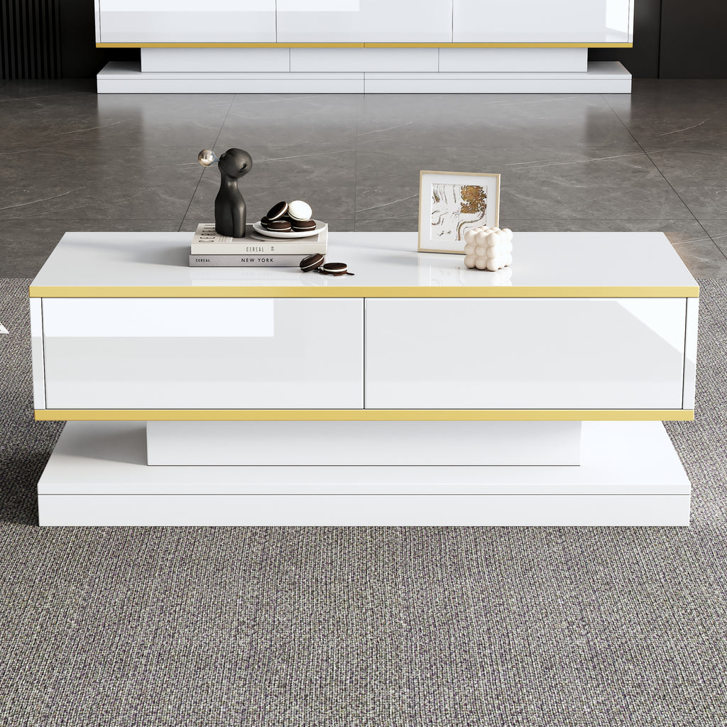 100X50X38cm High Gloss Coffee Table, Sofa Table With 2 Large Drawers, Unique Living Room Table, Warm White - Golden Edge Coffee Table, Side Table With Narrow Center And Wide Top And Bottom