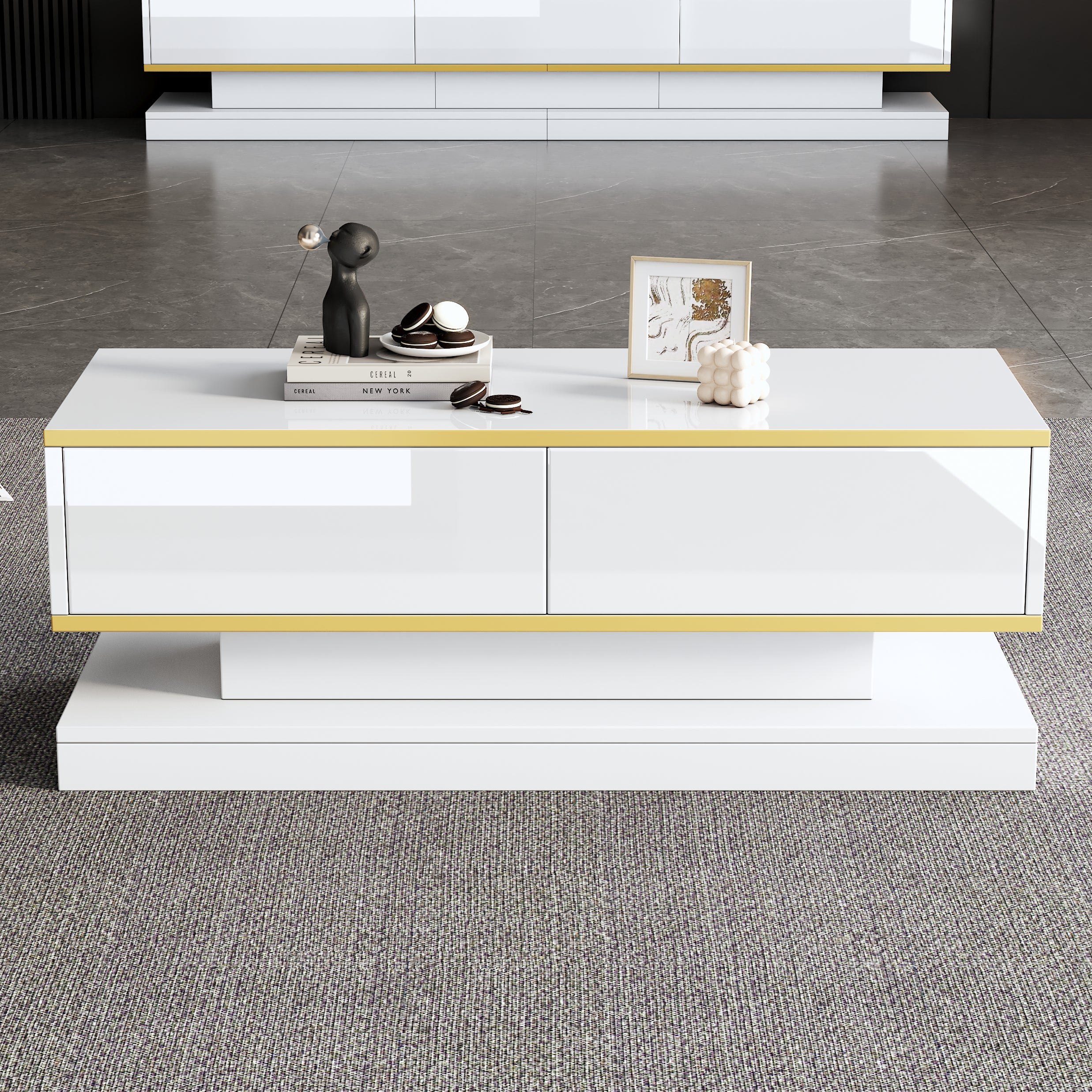 100X50X38cm High Gloss Coffee Table, Sofa Table With 2 Large Drawers, Unique Living Room Table, Warm White - Golden Edge Coffee Table, Side Table With Narrow Center And Wide Top And Bottom