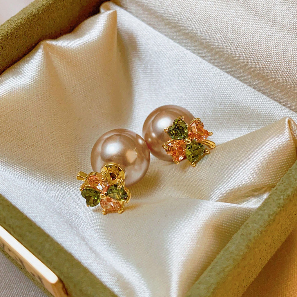 Japanese  Style Pearl Stud Earrings For Women, Four-Leaf Clover Zircon Accent Earrings, Sweet Girly Vitality Dainty Ear Jewelry