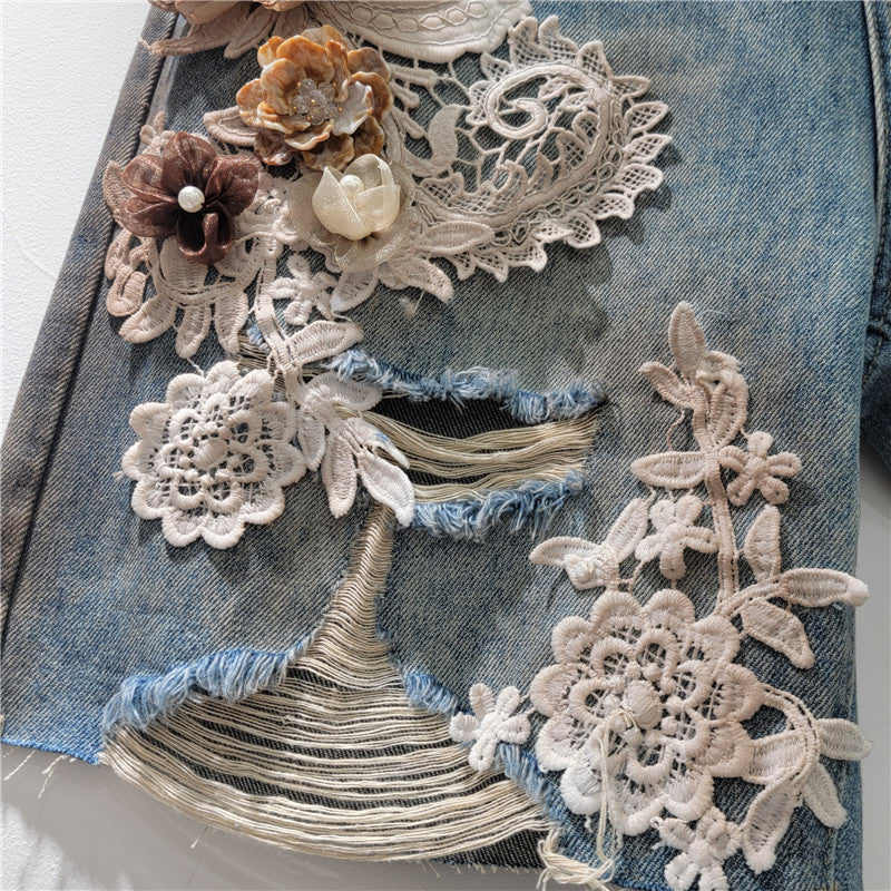 Lace-floral Patchwork, Brushed-texture Distressed Denim Shorts With Rhinestones And A Back Elastic Waist
