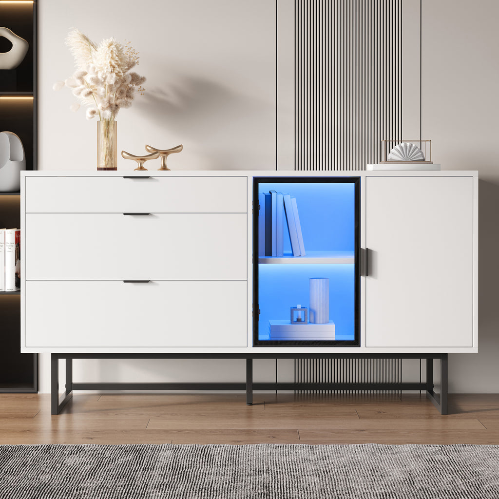 White Sideboard, Display Cabinet, Storage Cabinet, Modern Luxury Dining Cabinet, Three Drawers, Glass Doors, With LED Light Bar