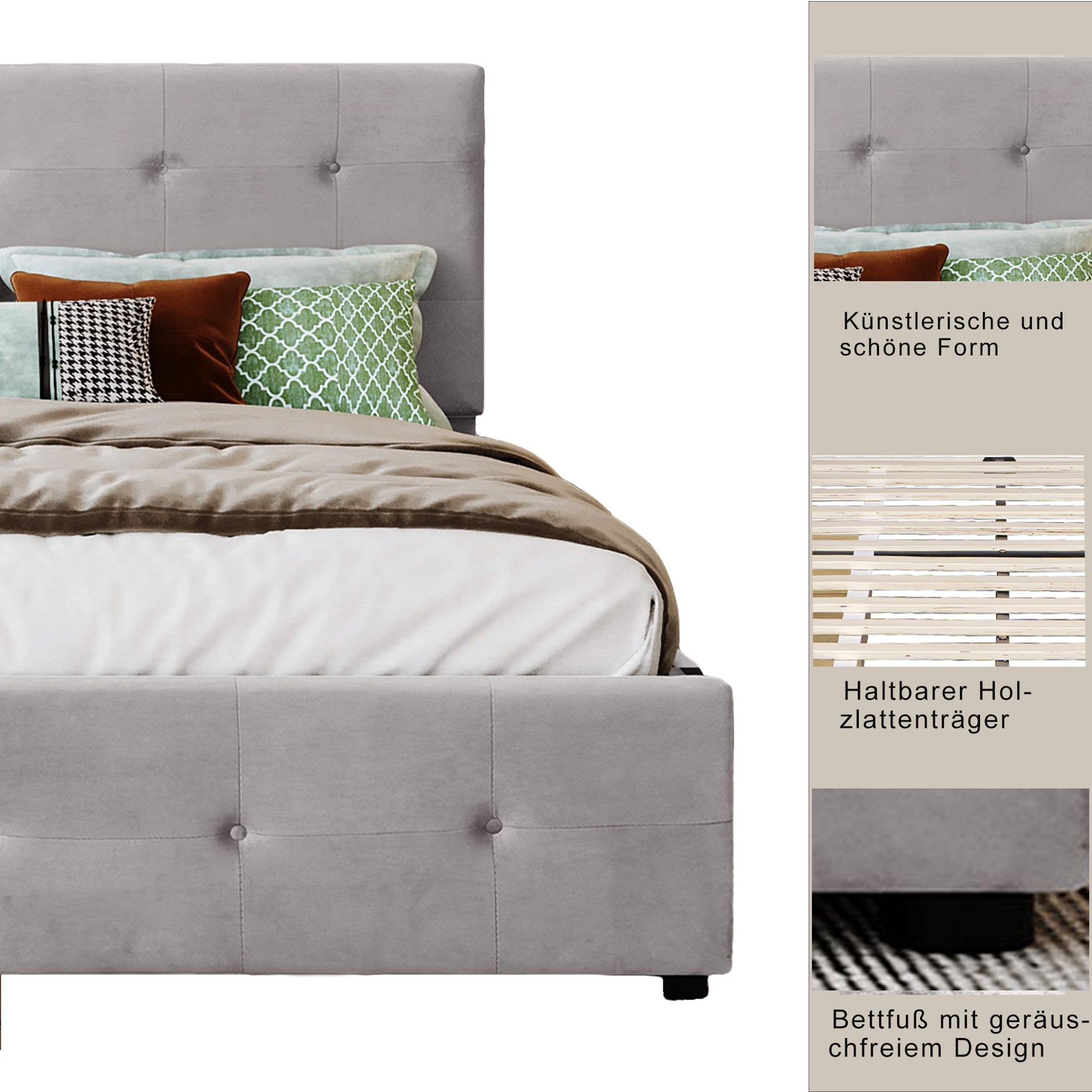 Upholstered Bed 140 X 200 Cm, Double Bed With Drawers, Slatted Base, And Headboard, Skin-Friendly Velvet Double Bed For Adults And Teenagers, Grey Mattress Not Included