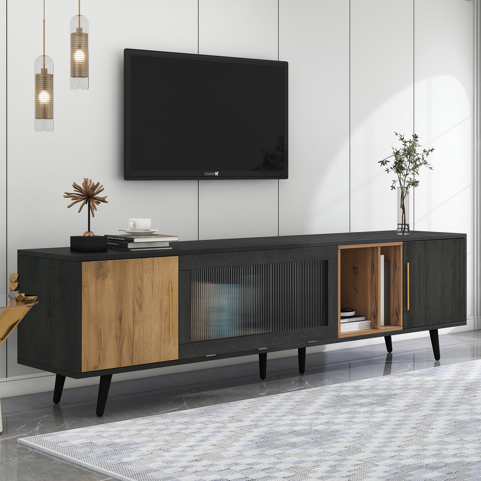 307691692GAA Elegant TV Cabinet, 200x40x55.5 Cm, Dark Wood, Grey And Wood Grain, Suitable For A 90 TV
