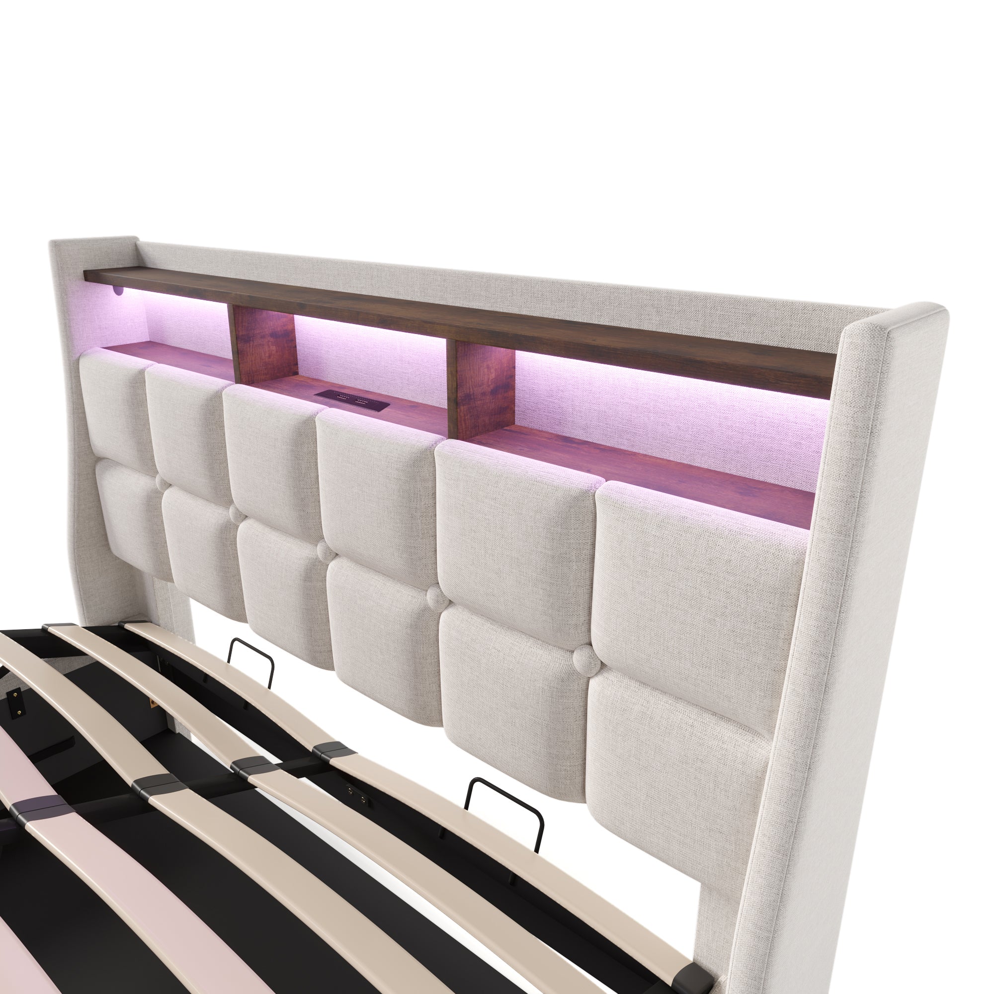 Upholstered Bed With USB 140x200cm,LED Double Bed With Slatted Frame Made Of Metal Frame,Bed Frame Made Of Linen Material Youth Bed Without Mattress