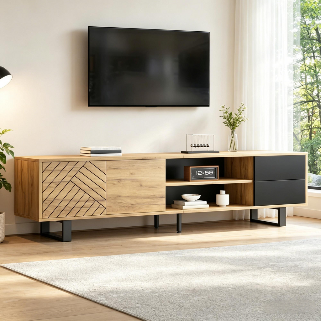 TV Cabinet With Metal Legs 180x40x50cm, Wood Look Lowboard For Living Room, Chipboard TV Cabinet, 30kg Loadable, With Two Drawers, Three-Layer Structure, Suitable For 75 Inch TV
