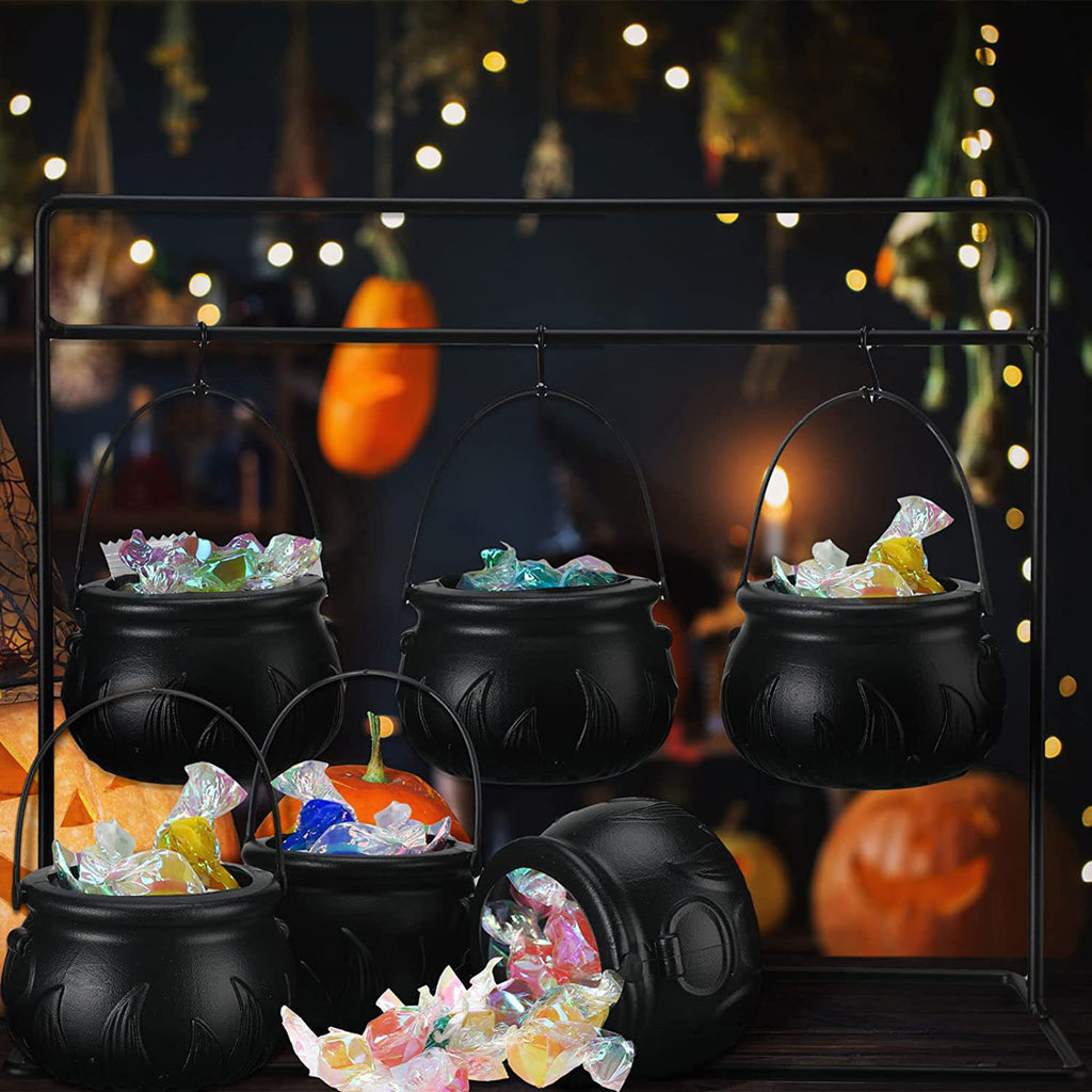 3 Witches Cauldron Serving Bowls On Rack Black Plastic Candy Bucket Cauldron For Indoor Outdoor Home Kitchen Decoration