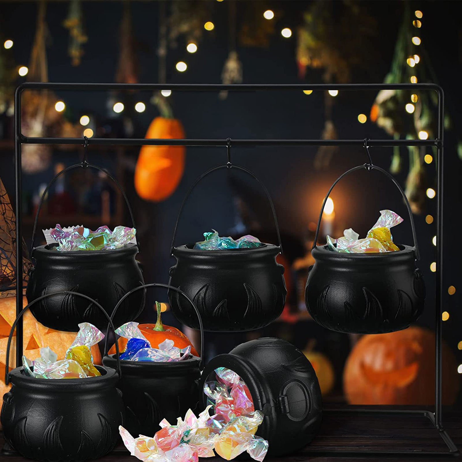 3 Witches Cauldron Serving Bowls On Rack Black Plastic Candy Bucket Cauldron For Indoor Outdoor Home Kitchen Decoration