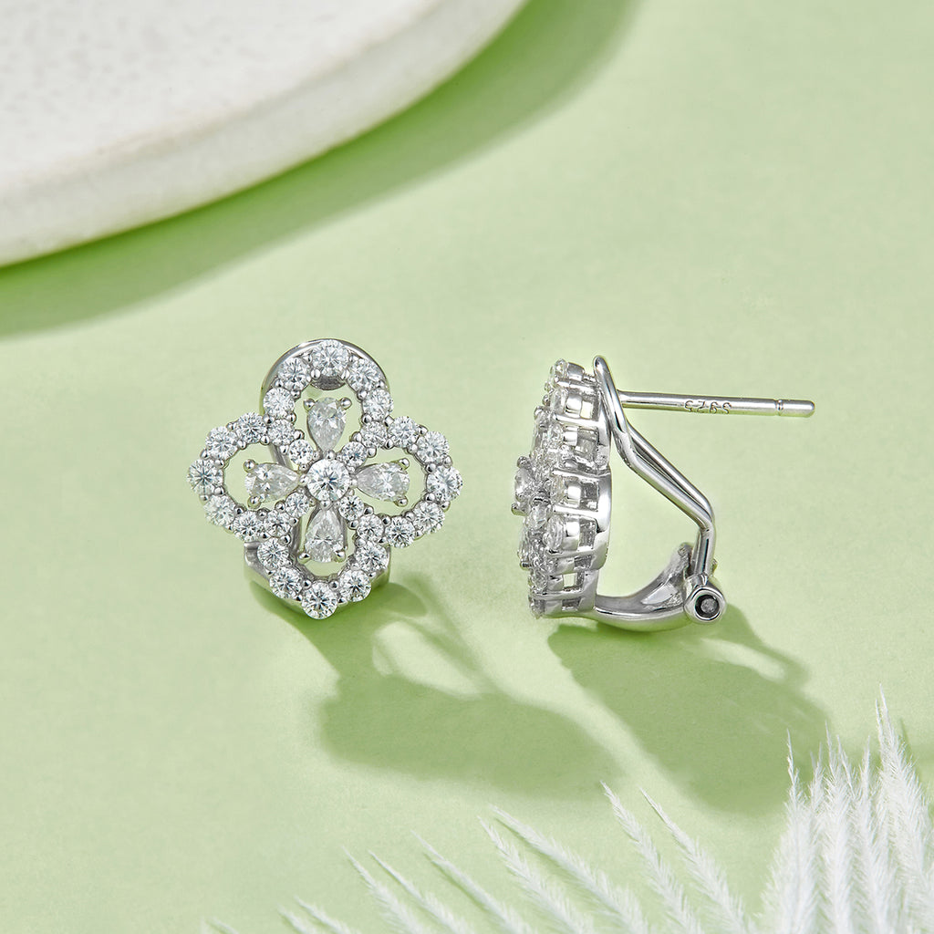 S925 Sterling Silver Clover Huggie Earrings, 3x2mm Pear D-VVS1 Moissanite Cluster, Platinum Plated 4.2g Elegant Women's Jewelry Gift Box
