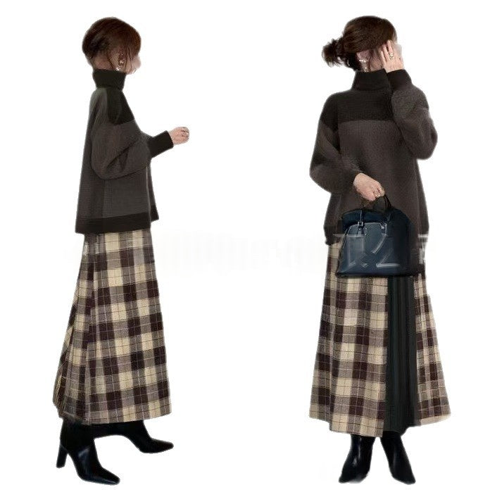 Color-block Sweater Plaid Color-block Skirt Two-piece Set