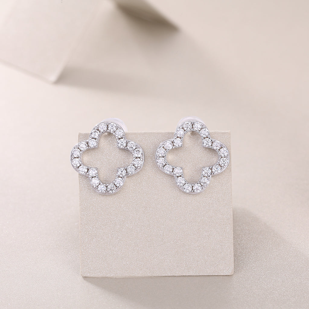 S925 Sterling Silver Open Clover Stud Earrings, D-VVS1 Moissanite Pave Outline, Platinum Plated 1.6g Women's Jewelry Gift Box