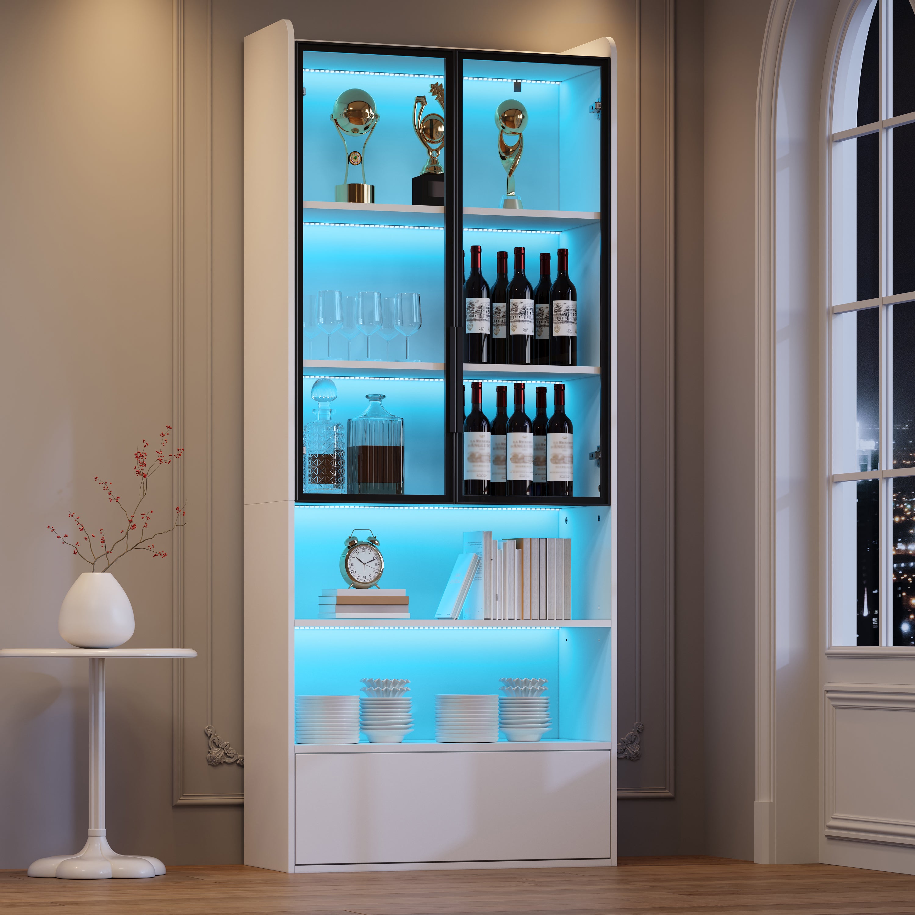 80x34x180cm Display Cabinet, Tall Cabinet With 1 Drawer And Glass Cabinet Doors, Tall Cabinet Glass Display Case With LED And Open Partition, Stand Shelf Cabinet Display Cabinet,Living Room Cabinet Wi
