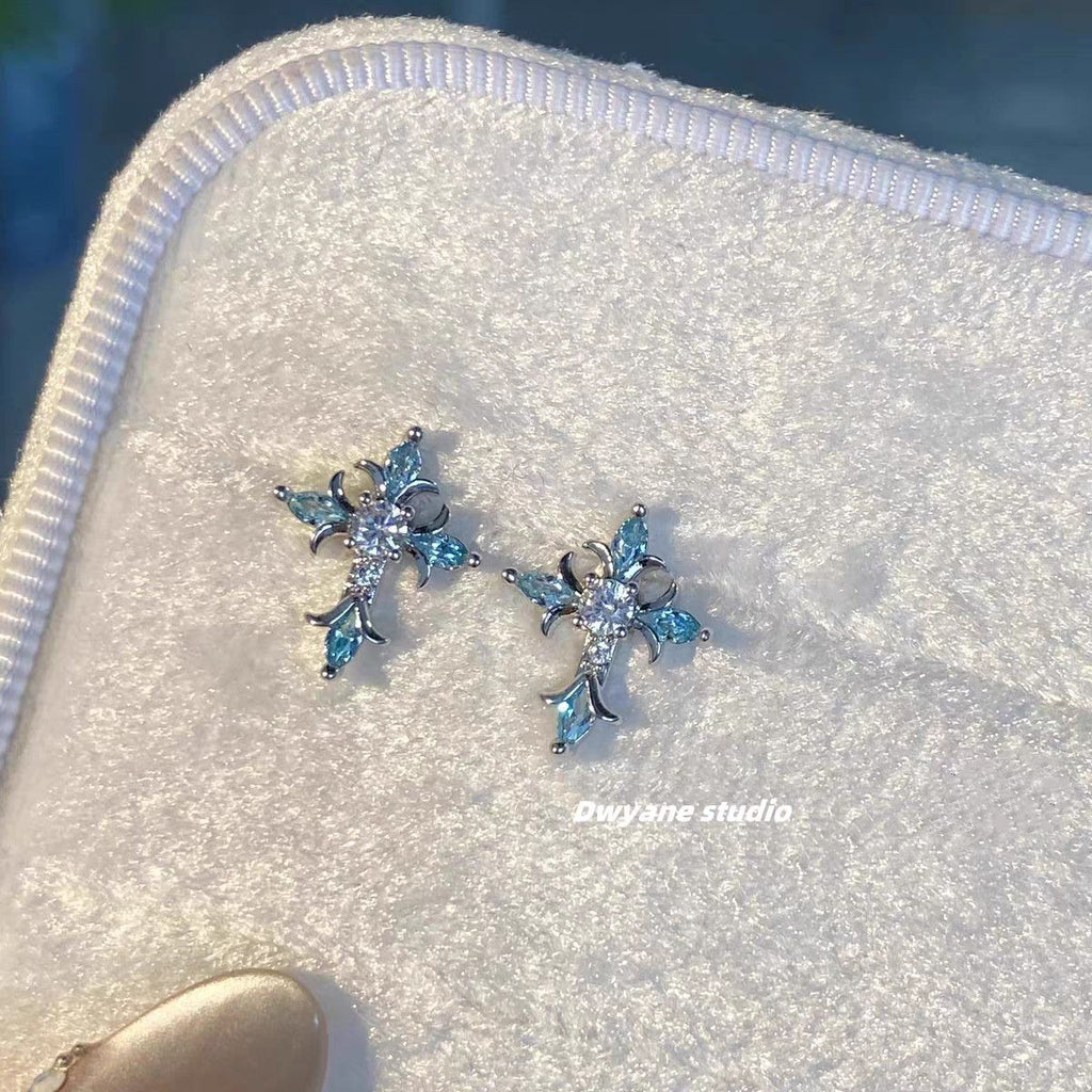 Sparkling Royal Blue Rhinestone Baroque Iris Cross Stud Earrings, Screw Back Cartilage & Helix Piercing Jewelry, Niche Unique Earrings