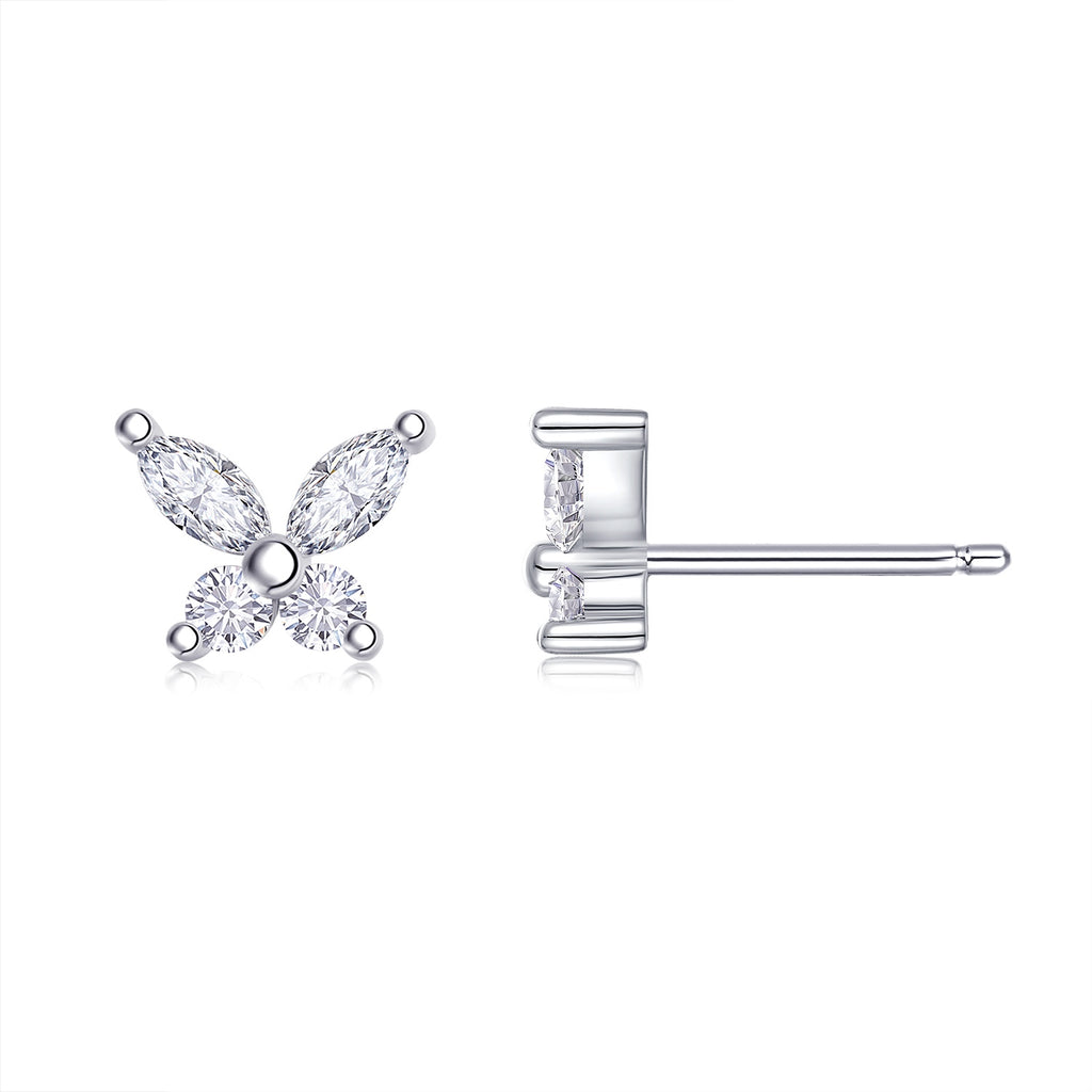 S925 Sterling Silver Butterfly Stud Earrings, D-VVS1 Moissanite Marquise & Round Cut, Platinum Plated 1.6g Women's Jewelry Gift Box