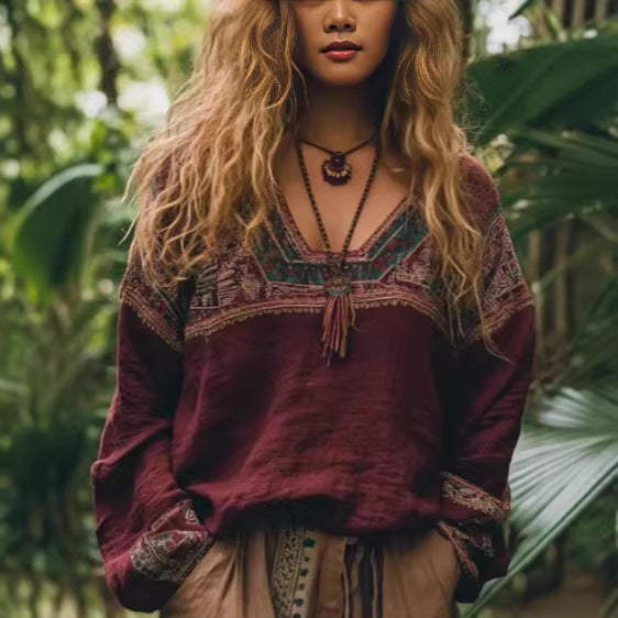 Ethnic-style Casual V-neck Long-sleeve Blouse