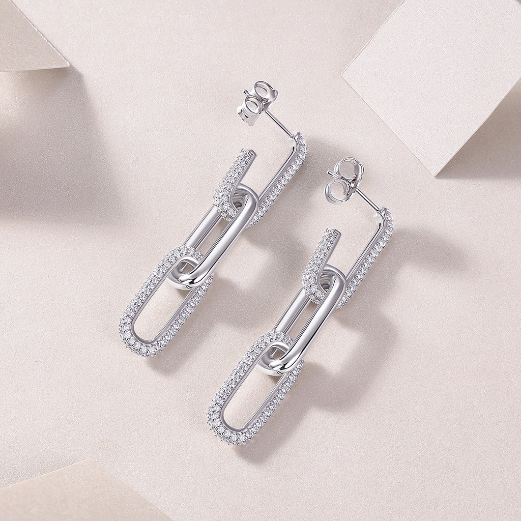S925 Sterling Silver Chunky Chain Drop Earrings, D-VVS1 Moissanite Pave, Platinum Plated 9.2g Women's Jewelry Gift Box