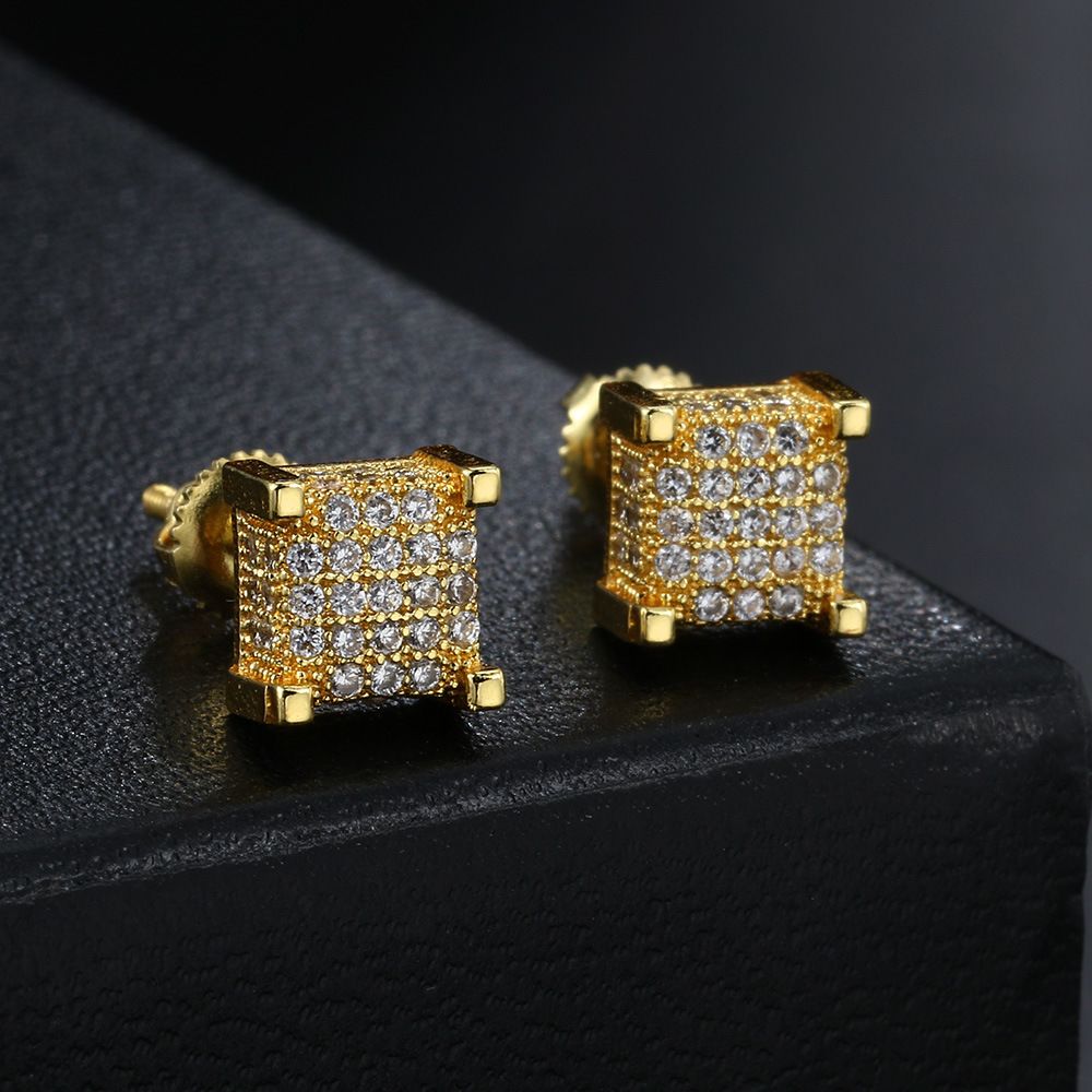 2026 Autumn European & American Bestselling Square Stud Earrings For Men, Micro Paved Full Zircon Hip Hop Street Trend Popular Ear Jewelry