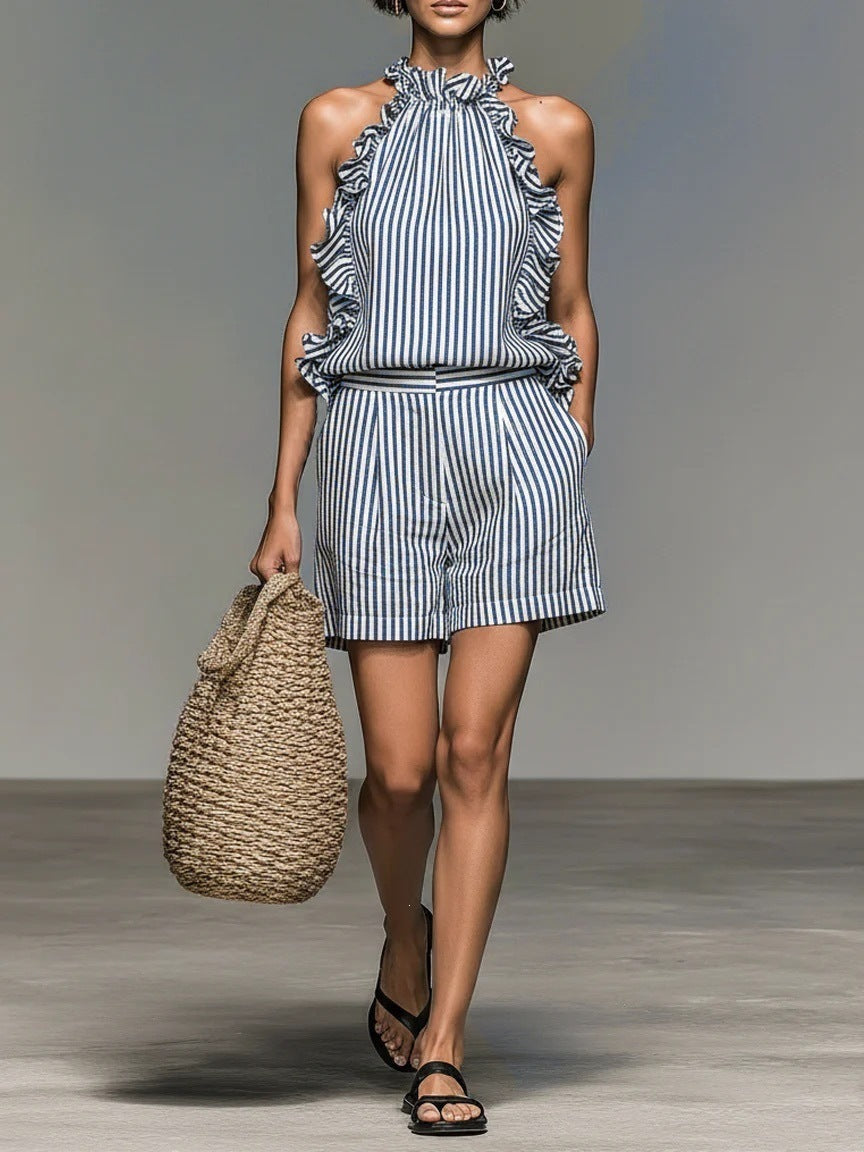 Casual Sleeveless Striped Lace T-shirt Top And Shorts