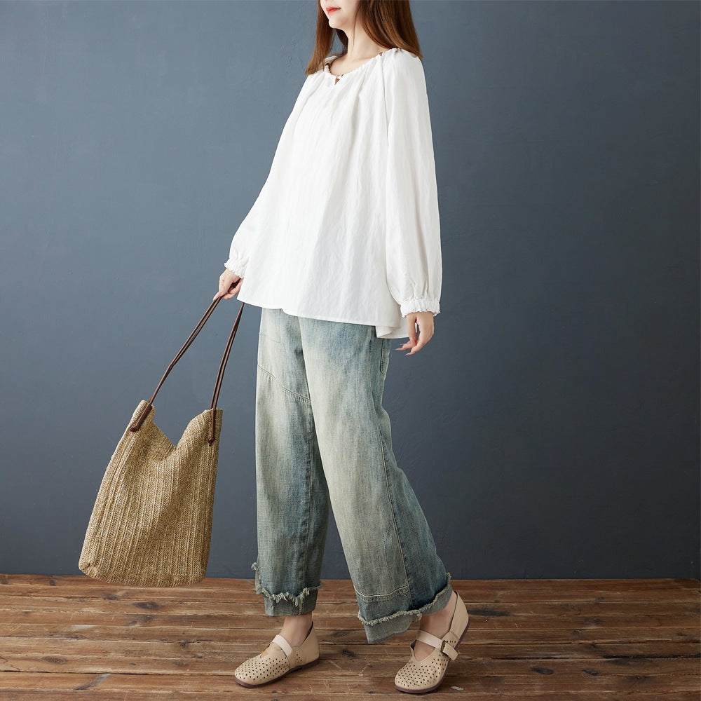Plus-size Loose-fit Womens Blouse With Ruffled Lace Trim