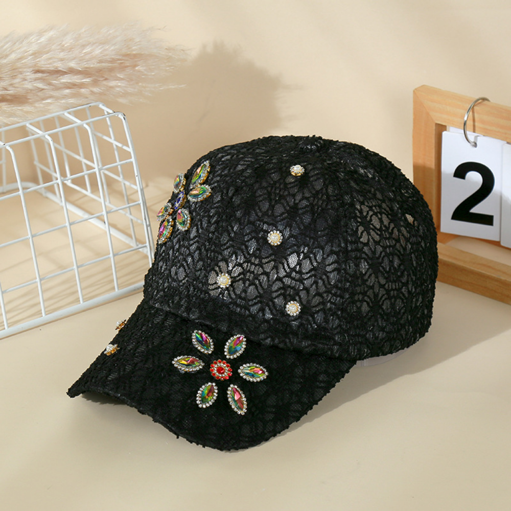 Lady's Lace-textured Colored Diamond Flower-pattern Breathable Versatile Fashionable Baseball Cap Suitable For Banquets, Outings, Daily Shopping