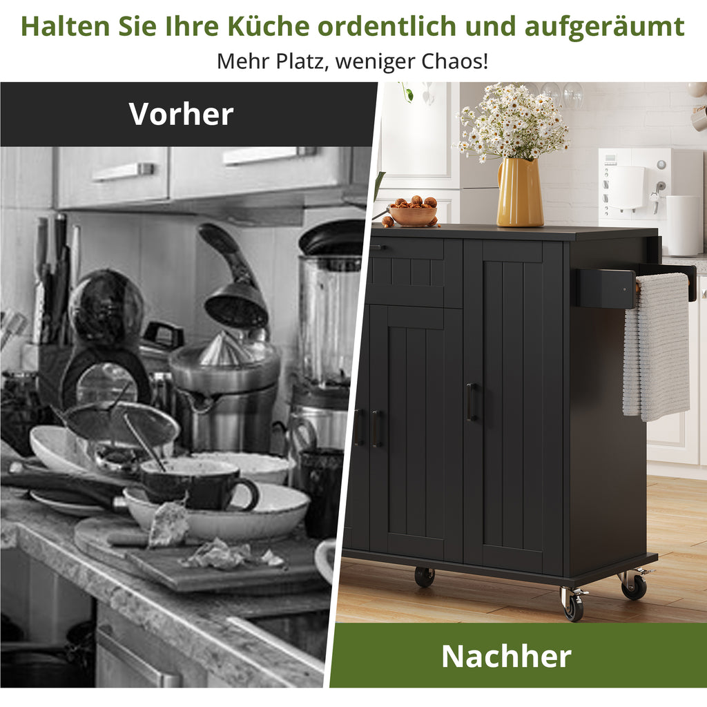 Kucheninsel Mit Klappbarer Arbeitsplatte,Kuchenwagen Auf Rollen, Kuchenschrank Mit 4 Turen Und 1 Schublade, Integrierten Gewurzregalen In Den Turen, Doppelseitigen Handtuchhaltern,schwaz120x45 70 X95