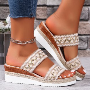 Canvas And Jute-woven Wedge Sandals With Wide Straps