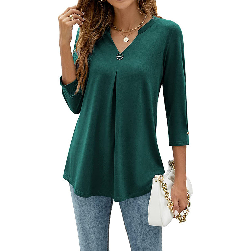 Womens Solid-Color V-Neck Pleated T-Shirt With Three-Quarter Sleeves And Button Accents