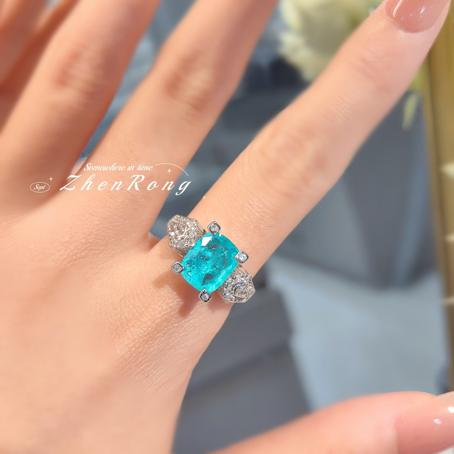 Fashion Elegant Paraiba Tourmaline Ring For Women, Niche Design Cushion Cut High Carbon Diamond Color Gemstone Adjustable Open Finger Ring