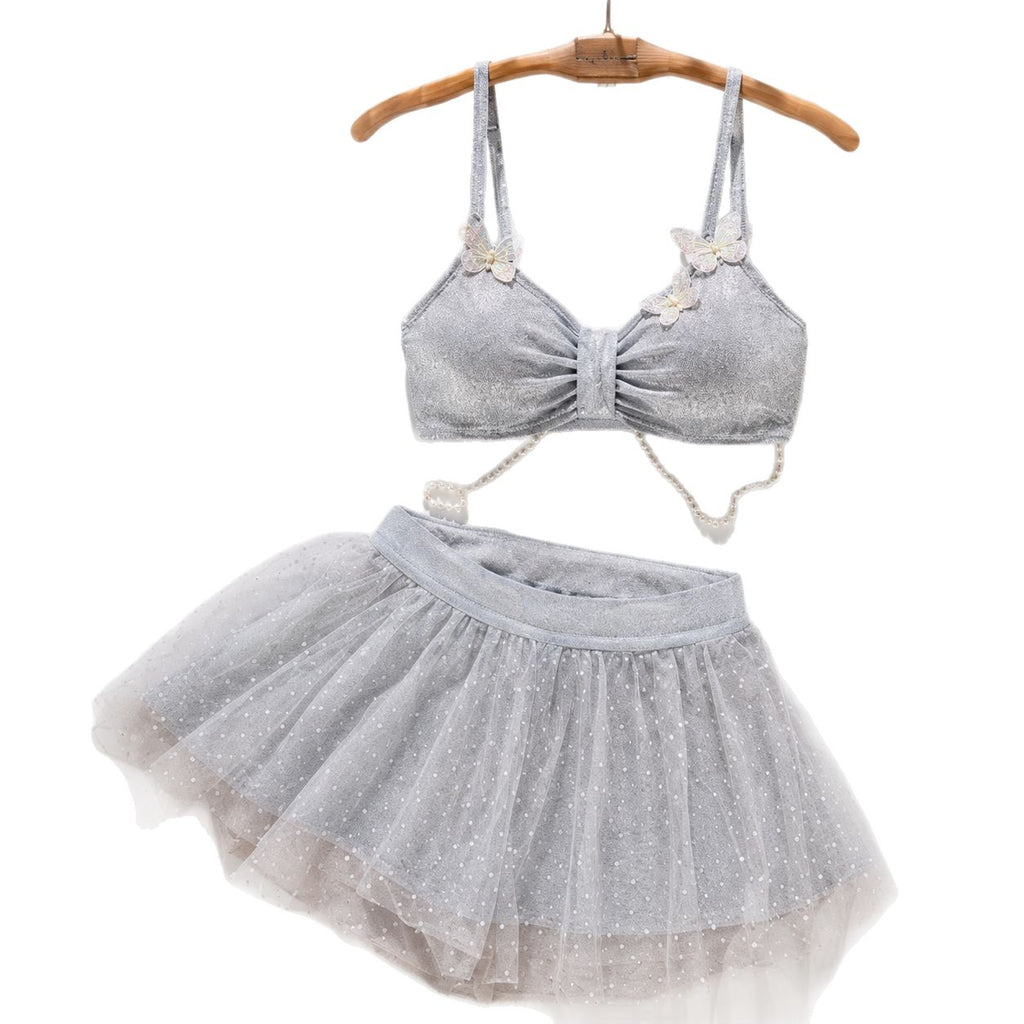 Butterfly-decorated Tulle Dress Three-piece Set