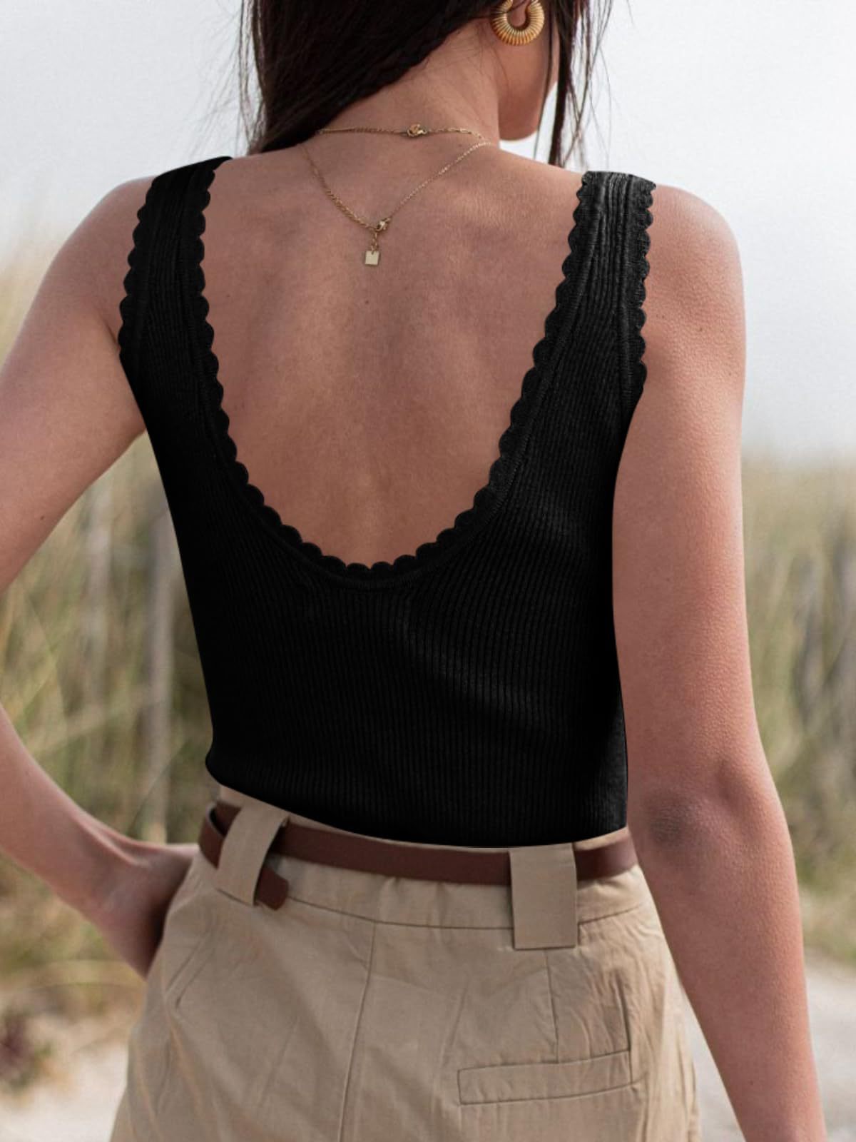 U-necked Backless Lace-trimmed Rib-knit Summer Sweater Vest