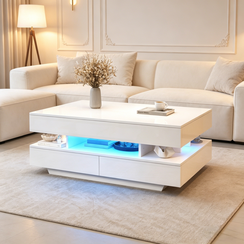 100x50x45cm Height Adjustable Coffee Table With LED & Storage Space, High Gloss Living Room Table, Coffee Table, Side Table, Lift-Top Coffee Table Up To 58.5cm, 50kg Load Capacity