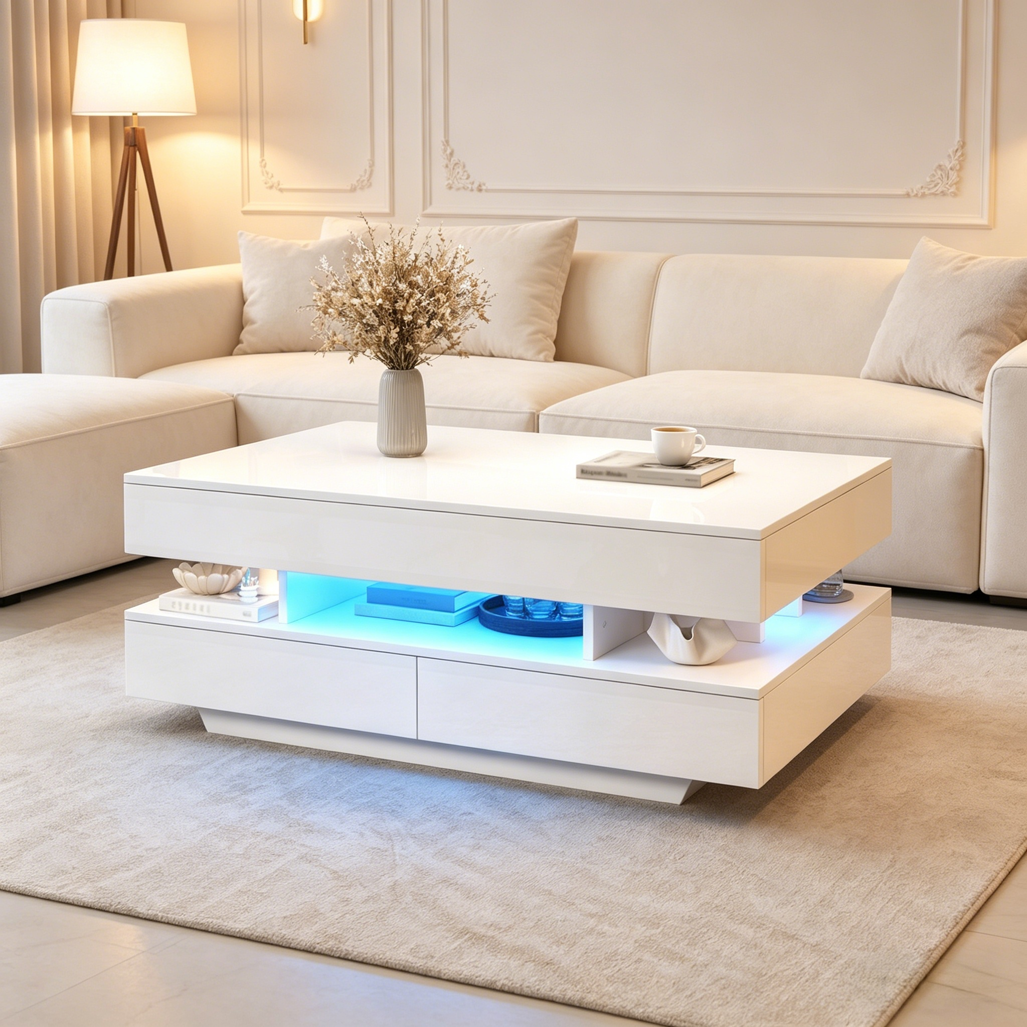 100x50x45cm Height Adjustable Coffee Table With LED & Storage Space, High Gloss Living Room Table, Coffee Table, Side Table, Lift-Top Coffee Table Up To 58.5cm, 50kg Load Capacity