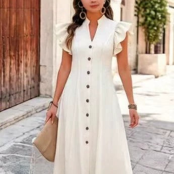 New French-style Fitted-waist Summer Dress With Puff Sleeves And A V-neck